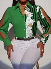 Women Spring and Summer New Printed Stitching Long sleeved Shoulder Shirt Top