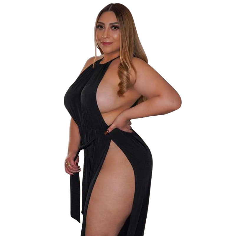 Plus Size Women Clothes Slit Wide Leg Lace-up Sleeveless Nightclub Sexy Jumpsuit