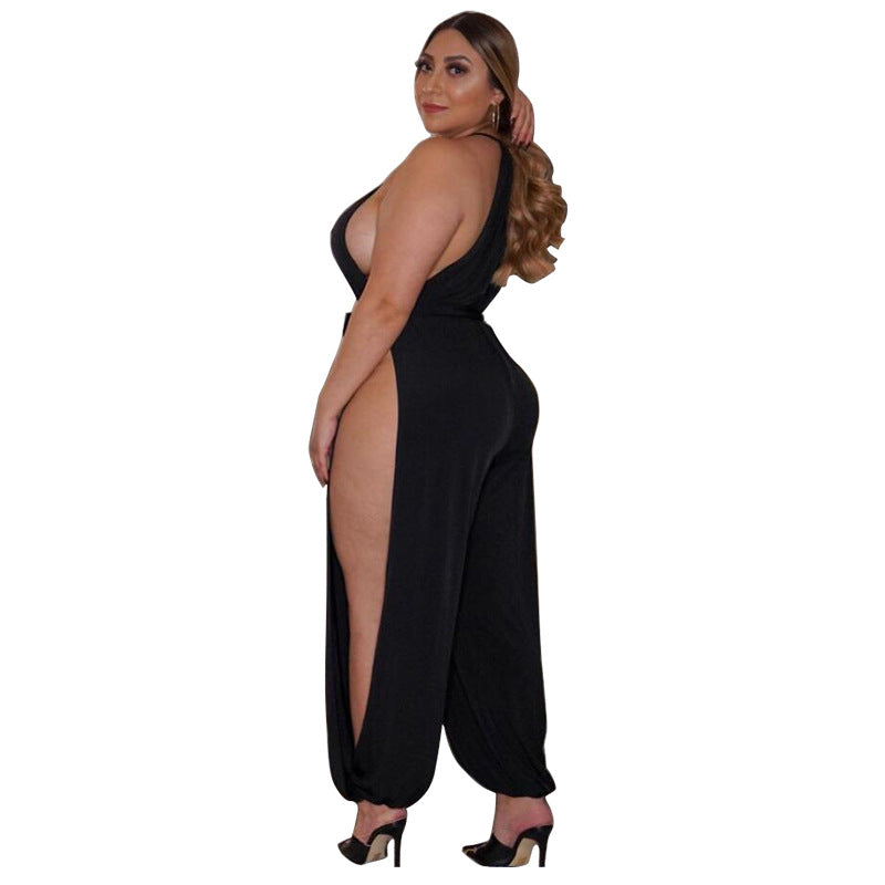 Plus Size Women Clothes Slit Wide Leg Lace-up Sleeveless Nightclub Sexy Jumpsuit