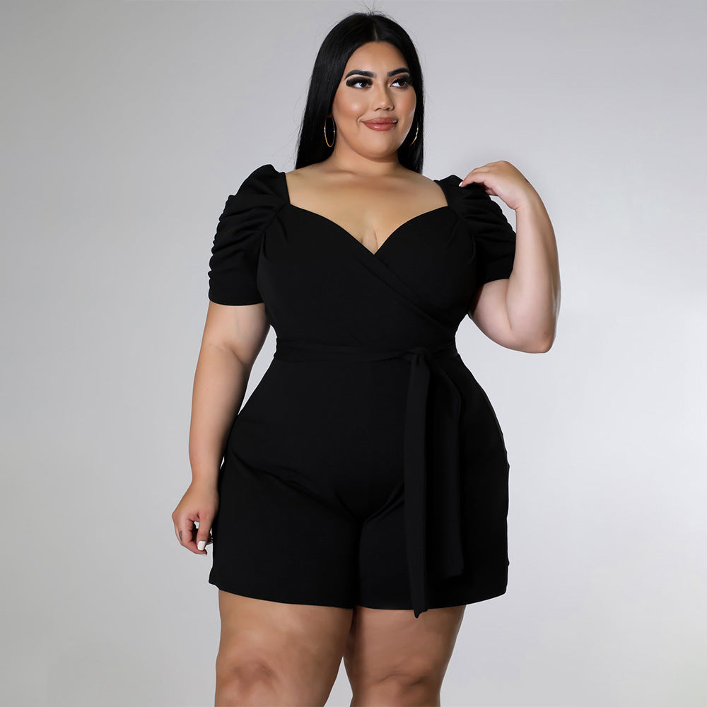 Plus Size Women Clothing Casual Sexy Solid Color Belt Jumpsuit