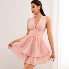 Women Clothing Sexy Backless Chiffon Dress Pink Short Dress