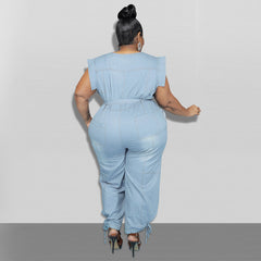 Plus Size Women Clothing Autumn New Denim Short Sleeve Wash Jumpsuit Trousers Sexy New