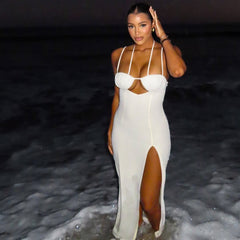 Hollow Out Cutout Solid Color Sheath Split Asymmetric Slim Fit Backless Halter Length Dress Women