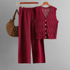 Summer Simple Cardigan Loose Sleeveless Knitted Vest Wide Leg Pants Knitted Two Piece Sets Women