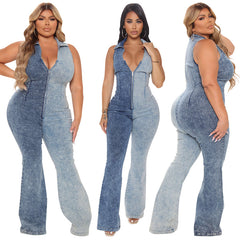 Plus Size Women Clothing Autumn New Color Matching Wash Sexy Denim Jumpsuit