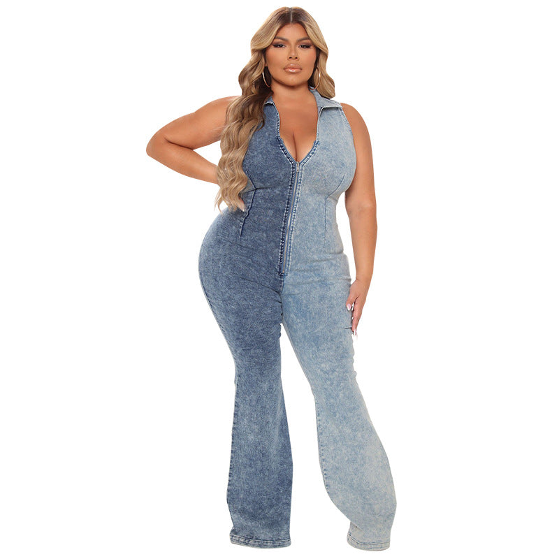 Plus Size Women Clothing Autumn New Color Matching Wash Sexy Denim Jumpsuit