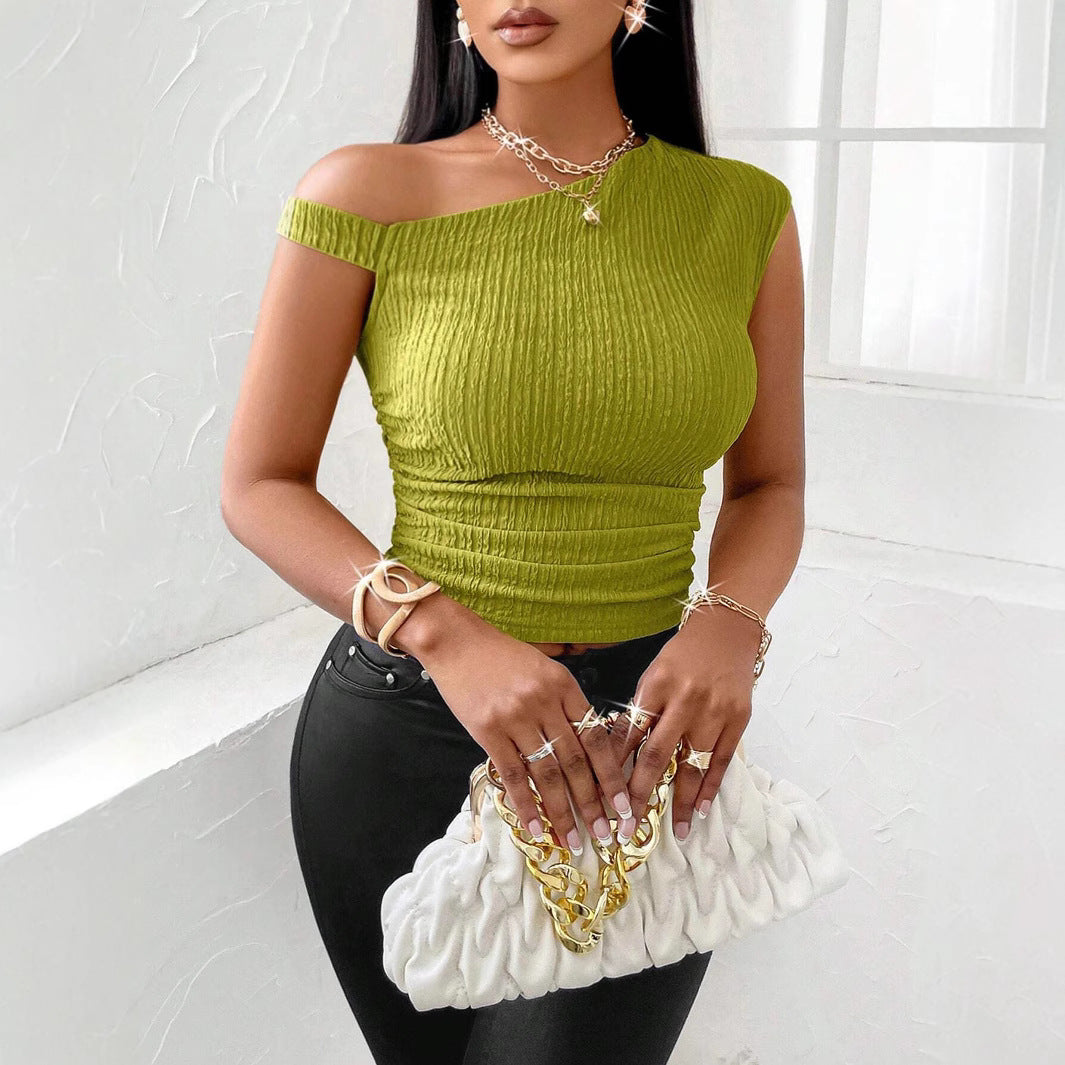 Summer Solid Color Asymmetric Collar off the Shoulder Slim Fit Peplum Top Women