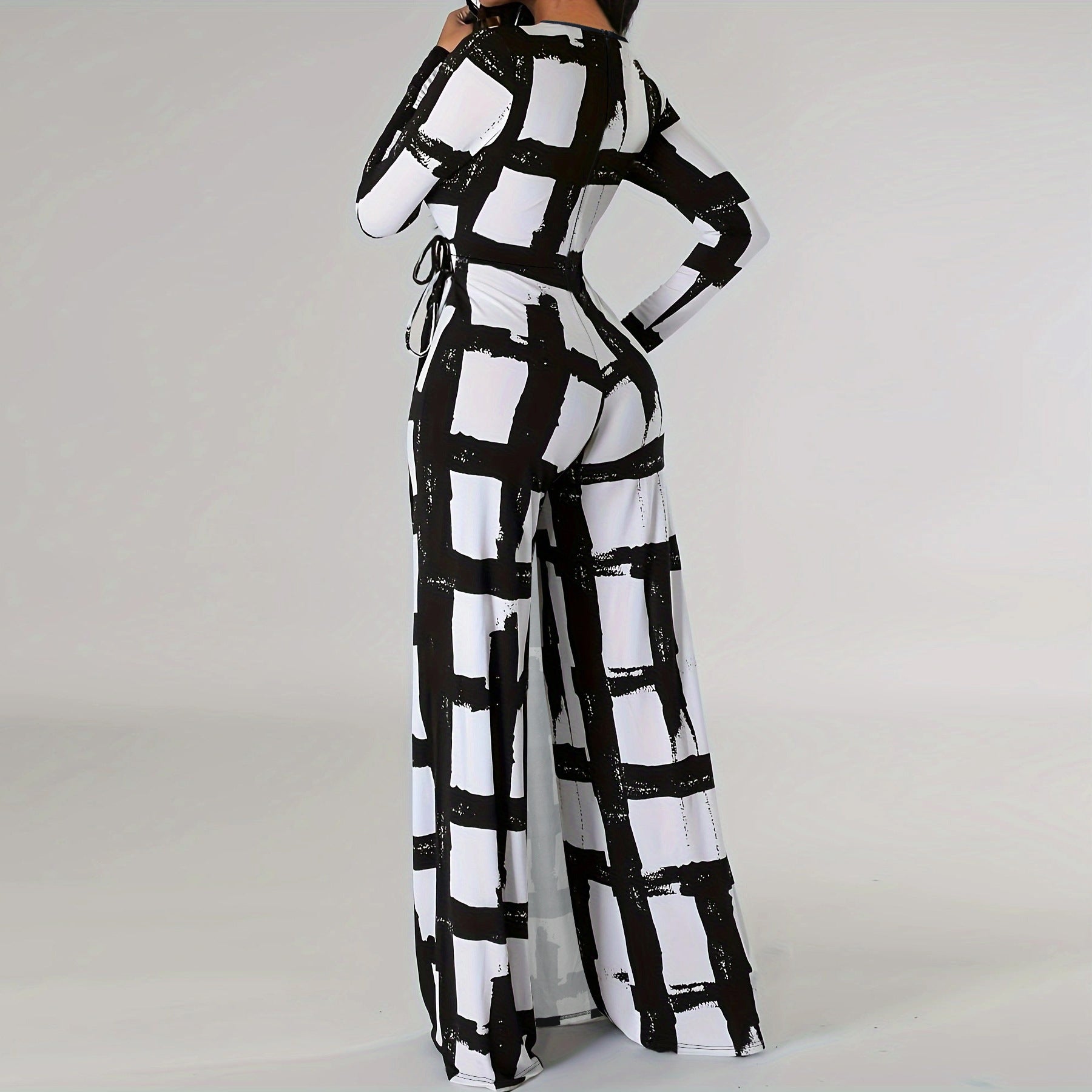 Plus Size Women Clothing V Neck Elements Printed Long Sleeve Loose Jumpsuit