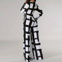 Plus Size Women Clothing V Neck Elements Printed Long Sleeve Loose Jumpsuit