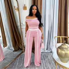 Women Casual Office Solid Color Shoulder Wide Leg Pants Two Piece Set