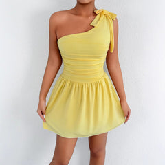 Summer Women Shoulder Dress Sexy Solid Color Waist Tight A line Dress