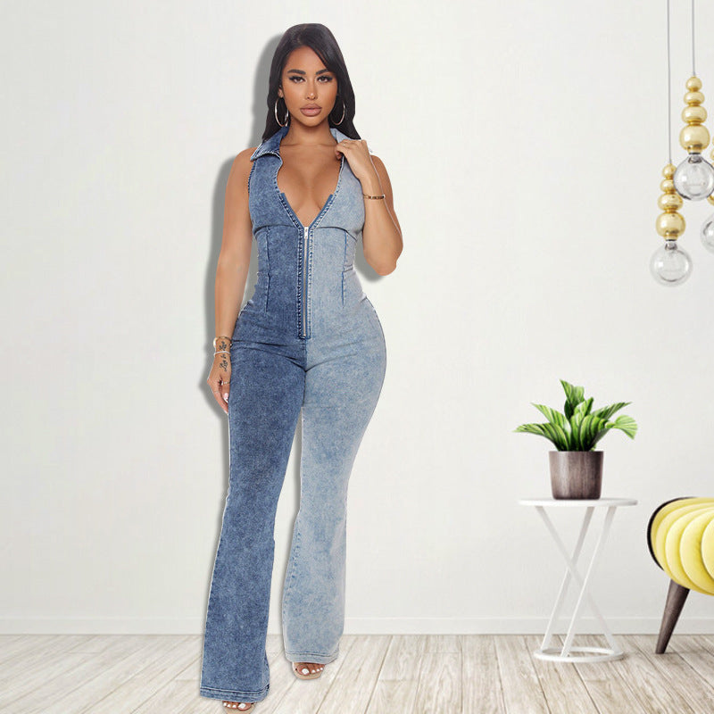 Plus Size Women Clothing Autumn New Color Matching Wash Sexy Denim Jumpsuit