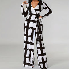 Plus Size Women Clothing V Neck Elements Printed Long Sleeve Loose Jumpsuit