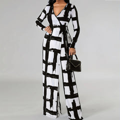 Plus Size Women Clothing V Neck Elements Printed Long Sleeve Loose Jumpsuit