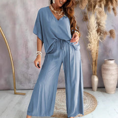 Sets V Collar Batwing Sleeve Casual Loose Wide Leg Pants Women