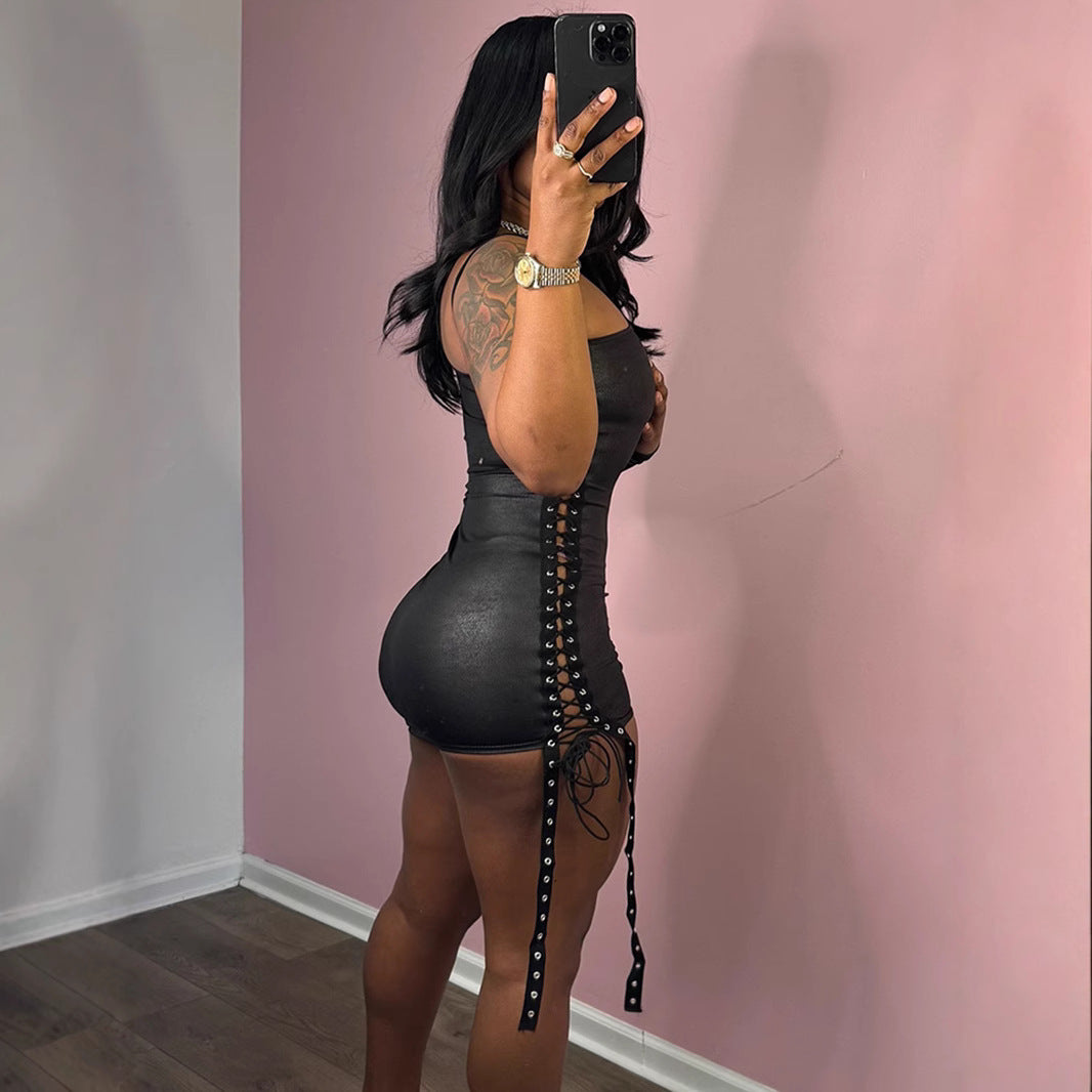 Women Clothing Dress Diagonal Collar Ribbon Hollow Out Cutout out Strap Single Side Long Sleeve Pullover Hip for Women