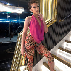 Women Spring Summer Halter Pile Collar Backless Lace up Floral Leopard Print Sets