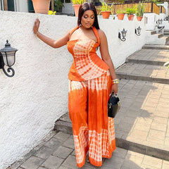 Loose Comfortable Backless Print Pant Set Halter Waist Tight Two Piece Set Casual Office Women Clothing